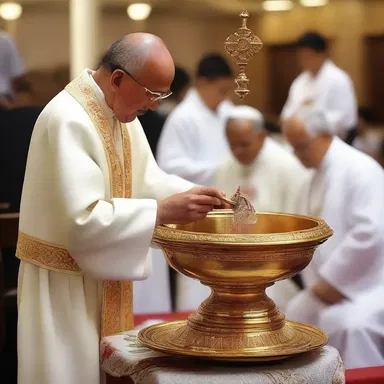 During the religious ceremony, believers often witness the priest pipe in the holy water from the baptismal font.