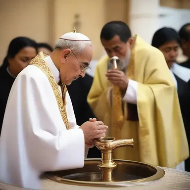 During the religious ceremony, believers often witness the priest pipe in the holy water from the baptismal font.