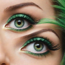 Sumptuous cartoon rendering of a pair of eyes with an alluring green color, framed by bold lashes, that emanate a sense of charm and vivacity.