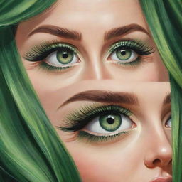 Sumptuous cartoon rendering of a pair of eyes with an alluring green color, framed by bold lashes, that emanate a sense of charm and vivacity.