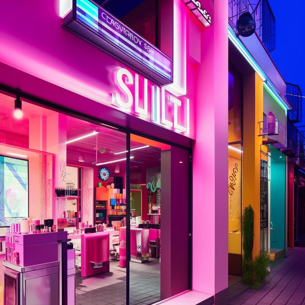 A contemporary beauty shop facade with vibrant colors, trendy signage, and a welcoming storefront window displaying beauty products.