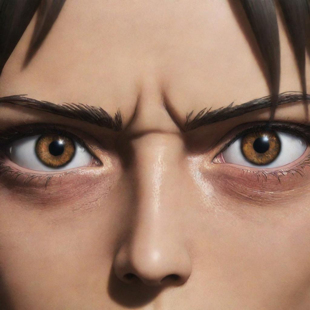 Close-up of Eren Yeager's intense eyes from the anime series 'Attack on Titan', showcasing his fiery determination and persistent spirit.