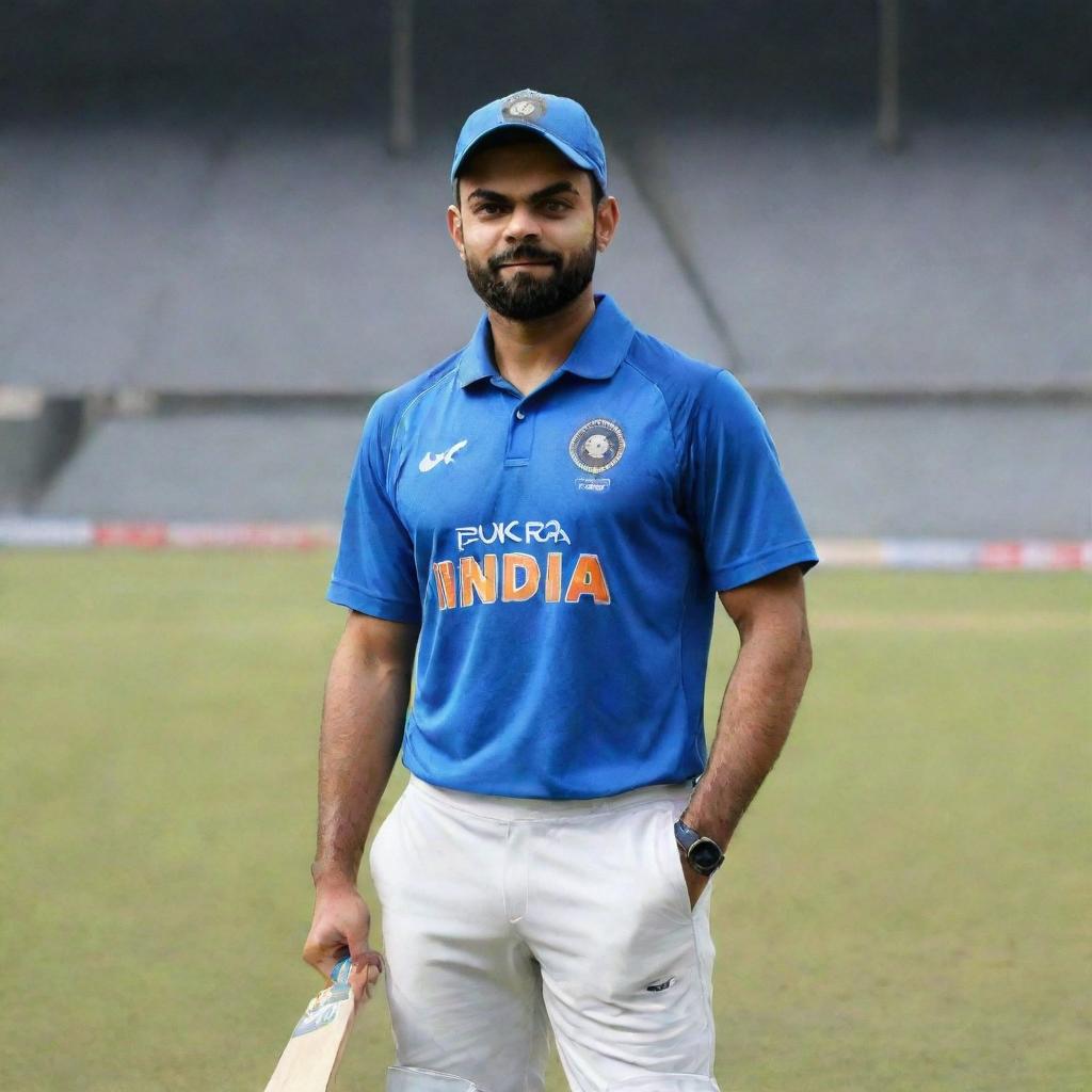 Portrait of Virat Kohli, India's charismatic cricket team captain, in his national cricket attire against the backdrop of a cricket stadium.