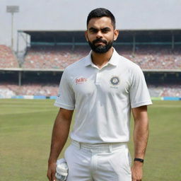 Portrait of Virat Kohli, India's charismatic cricket team captain, in his national cricket attire against the backdrop of a cricket stadium.