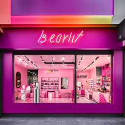 A contemporary beauty shop facade with vibrant colors, trendy signage, and a welcoming storefront window displaying beauty products.