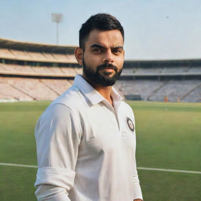 Portrait of Virat Kohli, India's charismatic cricket team captain, in his national cricket attire against the backdrop of a cricket stadium.