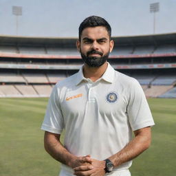 Portrait of Virat Kohli, India's charismatic cricket team captain, in his national cricket attire against the backdrop of a cricket stadium.