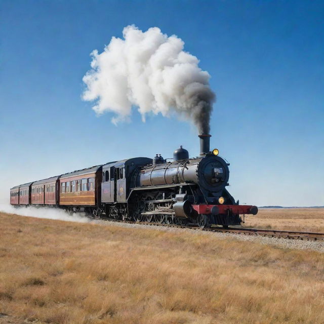 A steam train racing with a majestic horse across a vast prairie under a bright azure sky