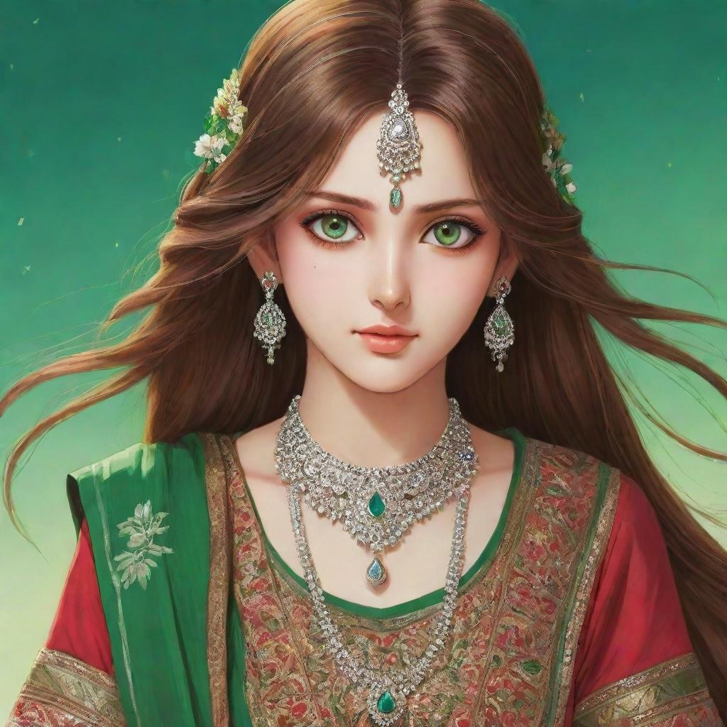 Anime girl character with mesmerizing green eyes and long, flowing brown hair, adorned in a vibrant, finely detailed traditional Indian dress.