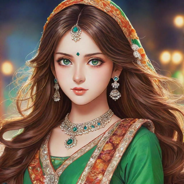 Anime girl character with mesmerizing green eyes and long, flowing brown hair, adorned in a vibrant, finely detailed traditional Indian dress.