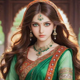 Anime girl character with mesmerizing green eyes and long, flowing brown hair, adorned in a vibrant, finely detailed traditional Indian dress.