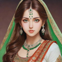 Anime girl character with mesmerizing green eyes and long, flowing brown hair, adorned in a vibrant, finely detailed traditional Indian dress.