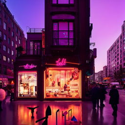 An urban beauty shop at sunset with glowing neon signage, fashionable window displays, and a bustling city vibe.