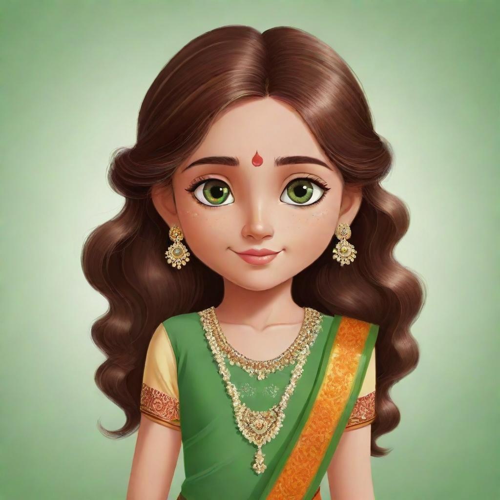 Cartoon girl character with sparkling green eyes and flowing brown hair, styled in a beautifully designed, colorful traditional Indian dress.