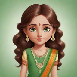 Cartoon girl character with sparkling green eyes and flowing brown hair, styled in a beautifully designed, colorful traditional Indian dress.