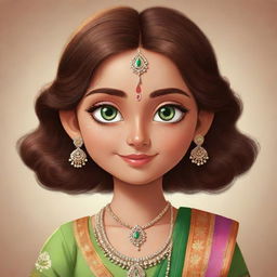 Cartoon girl character with sparkling green eyes and flowing brown hair, styled in a beautifully designed, colorful traditional Indian dress.