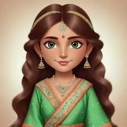 Cartoon girl character with sparkling green eyes and flowing brown hair, styled in a beautifully designed, colorful traditional Indian dress.