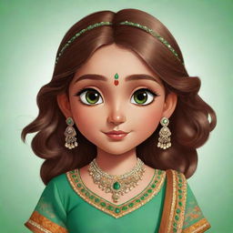 Cartoon girl character with sparkling green eyes and flowing brown hair, styled in a beautifully designed, colorful traditional Indian dress.