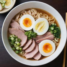 Steamy bowl of ramen, with perfectly cooked noodles intertwined with slices of succulent pork, chopped green onions, soft boiled egg, nestled in a savory, fragrant broth.