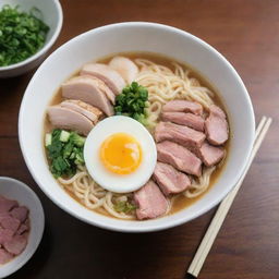 Steamy bowl of ramen, with perfectly cooked noodles intertwined with slices of succulent pork, chopped green onions, soft boiled egg, nestled in a savory, fragrant broth.