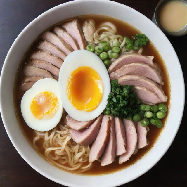 Steamy bowl of ramen, with perfectly cooked noodles intertwined with slices of succulent pork, chopped green onions, soft boiled egg, nestled in a savory, fragrant broth.