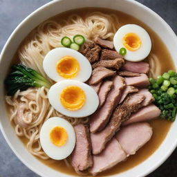 Steamy bowl of ramen, with perfectly cooked noodles intertwined with slices of succulent pork, chopped green onions, soft boiled egg, nestled in a savory, fragrant broth.