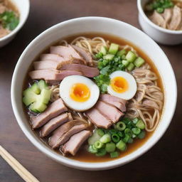 A hot bowl of ramen, filled with perfectly cooked noodles, succulent slices of pork, and chopped green onions, all steeped in a rich and aromatic broth, but sans the egg.