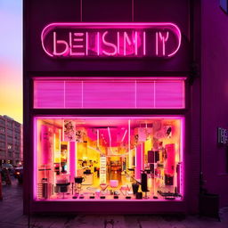 An urban beauty shop at sunset with glowing neon signage, fashionable window displays, and a bustling city vibe.