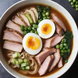 A hot bowl of ramen, filled with perfectly cooked noodles, succulent slices of pork, and chopped green onions, all steeped in a rich and aromatic broth, but sans the egg.