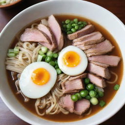 A hot bowl of ramen, filled with perfectly cooked noodles, succulent slices of pork, and chopped green onions, all steeped in a rich and aromatic broth, but sans the egg.