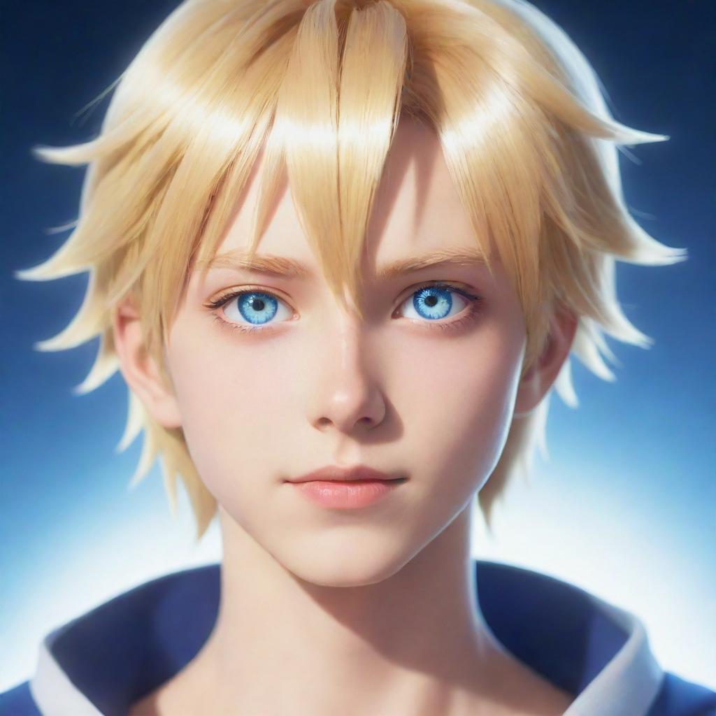 An anime style boy character with striking blonde hair and gleaming light blue eyes.