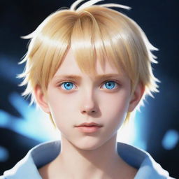 An anime style boy character with striking blonde hair and gleaming light blue eyes.