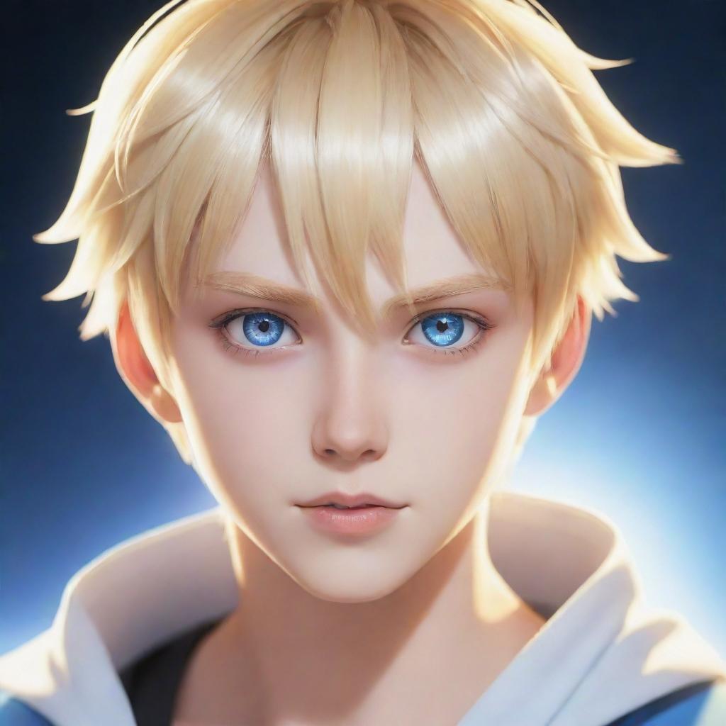 An anime style boy character with striking blonde hair and gleaming light blue eyes.