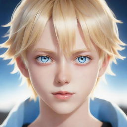 An anime style boy character with striking blonde hair and gleaming light blue eyes.