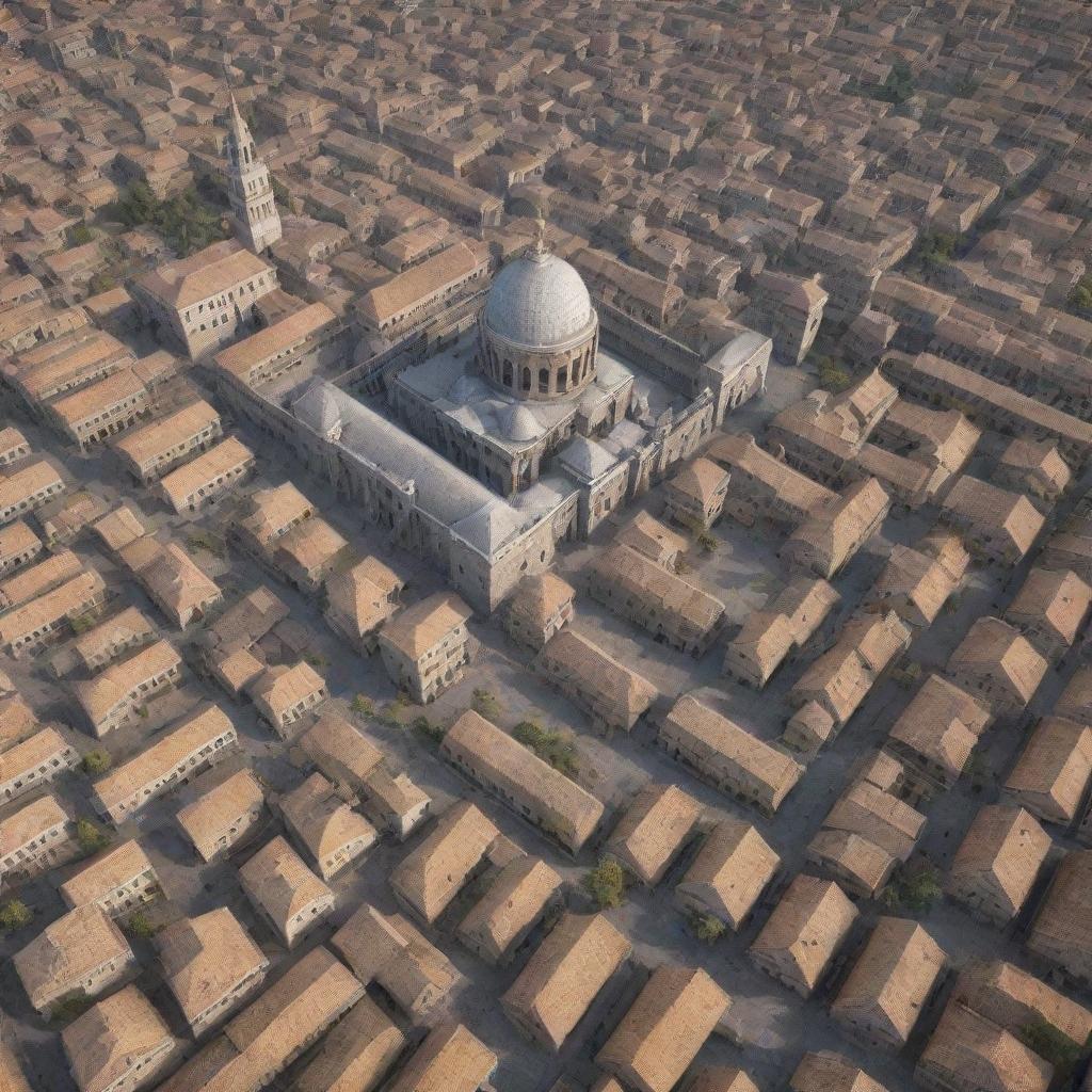 Generate a photorealistic aerial view of an ancient city with detailed architecture, narrow cobblestone streets, grand temples, and bustling marketplaces