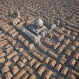 Generate a photorealistic aerial view of an ancient city with detailed architecture, narrow cobblestone streets, grand temples, and bustling marketplaces