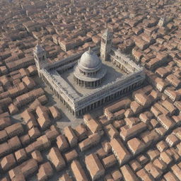 Generate a photorealistic aerial view of an ancient city with detailed architecture, narrow cobblestone streets, grand temples, and bustling marketplaces