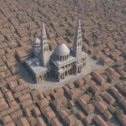 Generate a photorealistic aerial view of an ancient city with detailed architecture, narrow cobblestone streets, grand temples, and bustling marketplaces