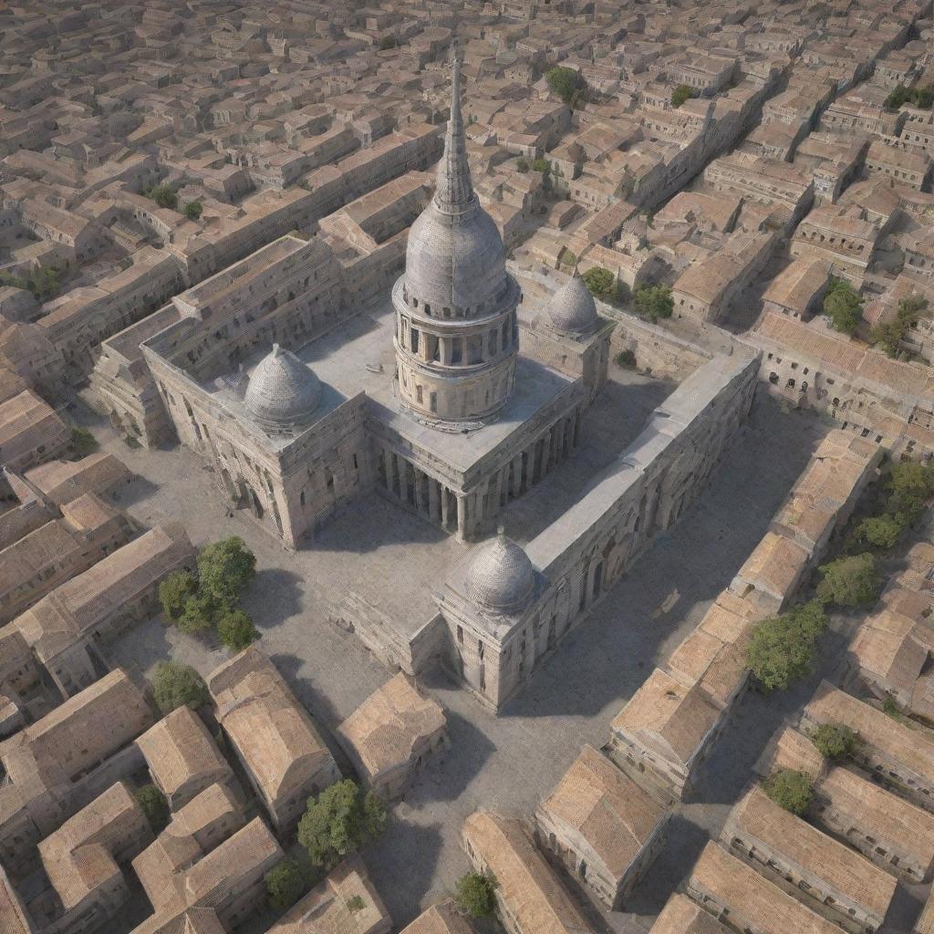 Generate a photorealistic aerial view of an ancient city with detailed architecture, narrow cobblestone streets, grand temples, and bustling marketplaces