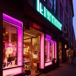 An urban beauty shop at sunset with glowing neon signage, fashionable window displays, and a bustling city vibe.