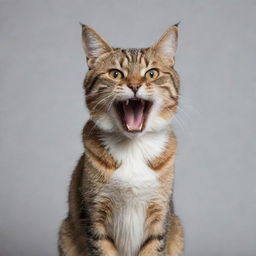 A cat with its fur standing on edge, ears pinned back, and showing its teeth in anger