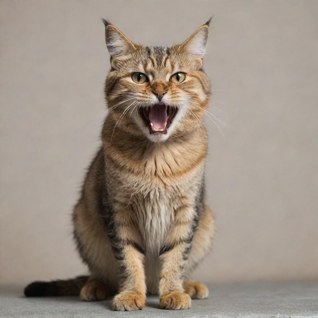 A cat with its fur standing on edge, ears pinned back, and showing its teeth in anger