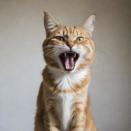 A cat with its fur standing on edge, ears pinned back, and showing its teeth in anger