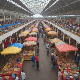 A lively shopping festival at an exhibition center in Ethiopia. The bustling atmosphere is filled with vibrant stalls selling a variety of goods, people joyfully shopping, colorful decorations, and the vivacious energy of a special celebration.