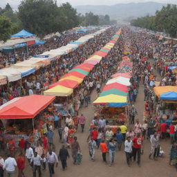 A lively shopping festival at an exhibition center in Ethiopia. The bustling atmosphere is filled with vibrant stalls selling a variety of goods, people joyfully shopping, colorful decorations, and the vivacious energy of a special celebration.