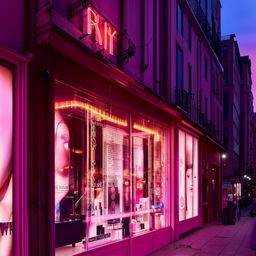 An urban beauty shop at sunset with glowing neon signage, fashionable window displays, and a bustling city vibe.