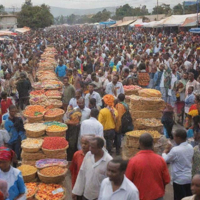 A lively shopping festival at an exhibition center in Ethiopia. The bustling atmosphere is filled with vibrant stalls selling a variety of goods, people joyfully shopping, colorful decorations, and the vivacious energy of a special celebration.