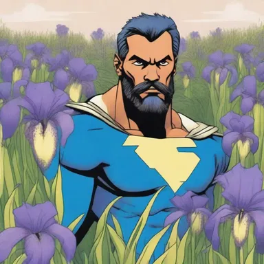 In the comic, the superhero is depicted standing in a field of bearded irises.