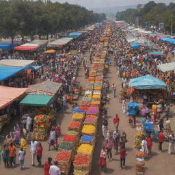 A lively shopping festival at an exhibition center in Ethiopia. The bustling atmosphere is filled with vibrant stalls selling a variety of goods, people joyfully shopping, colorful decorations, and the vivacious energy of a special celebration.