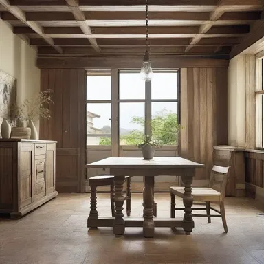The distressed wooden furniture gave the room a rustic and worn-out look, adding character to the overall design.